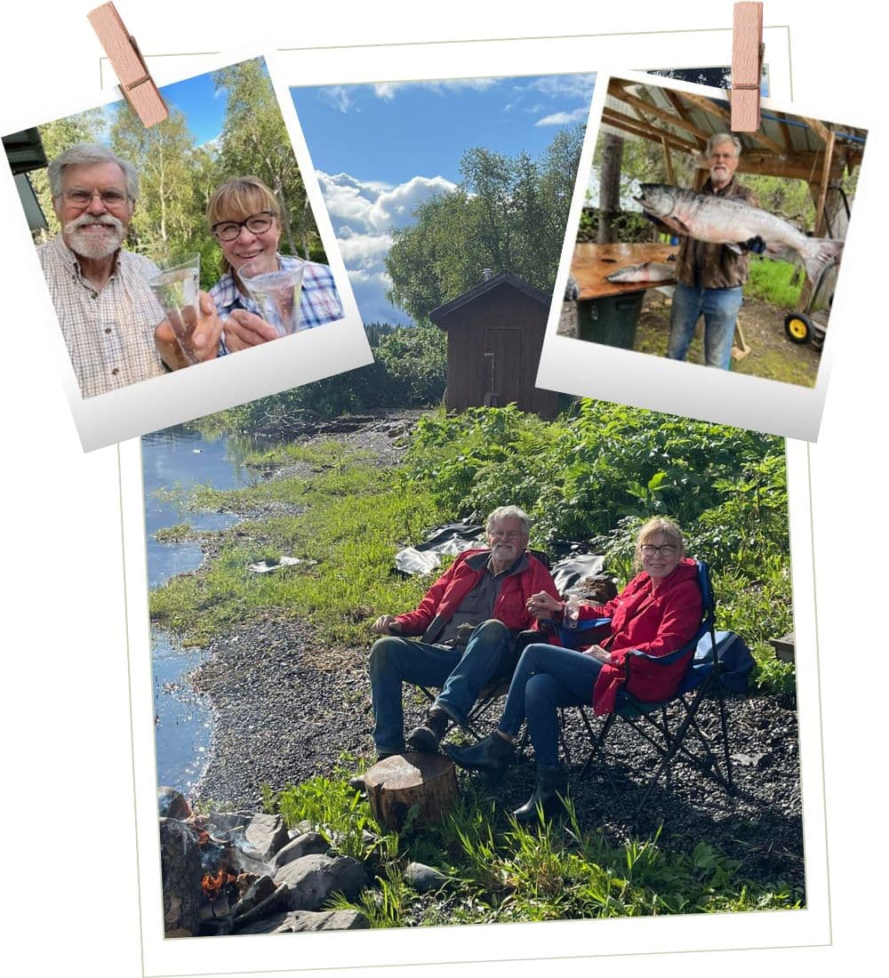 A collage depicting two people fishing by a river, one with a catch, alongside two individuals enjoying a scenic view.