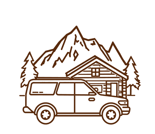 Outline of a van next to a cabin and mountain backdrop.